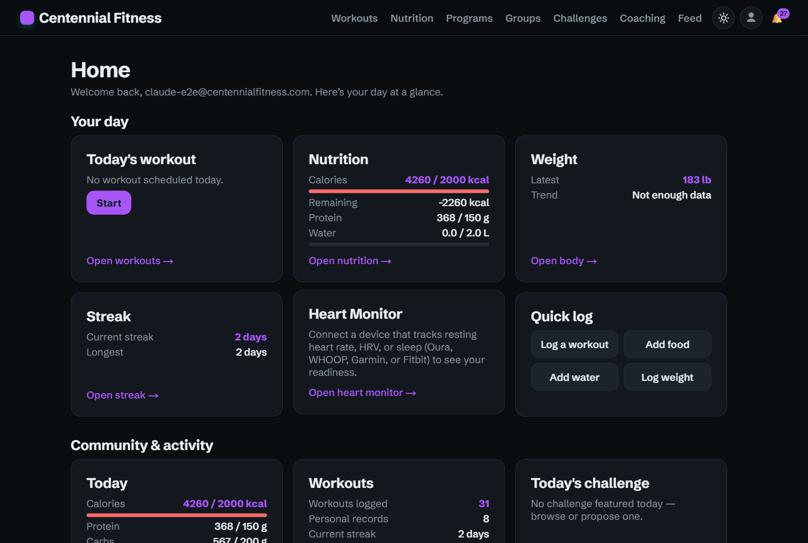 Centennial Fitness home dashboard showing today’s workout, nutrition, streak, weight and quick-log tiles.